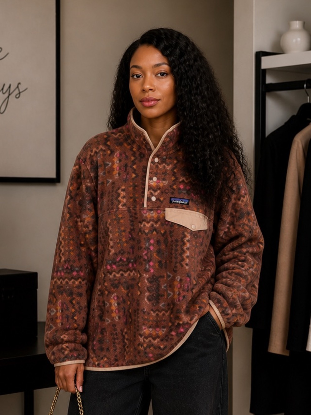 Patagonia Brown Patterned Snap-T Fleece with Pink Accents large